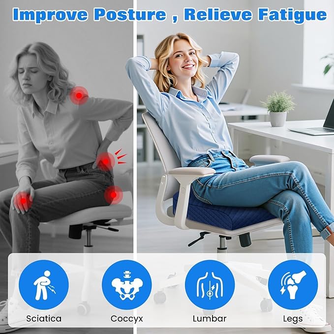 Seat Cushion for Office Chair, Memory Foam Chair Cushions, Car Seat Cushion for Long Sitting, Desk Chair Cushion for Pressure Relief, Non-Slip Bottom, Washable Cover, X-Large, Blue