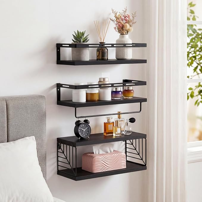 Fixwal Wall Mounted Bathroom Shelves Over Toilet, Rustic Wood Floating Shelves with Metal Frame and Towel Bar for Bathroom, Kitchen, Bedroom, Living Room (3 Plus 1 Black)