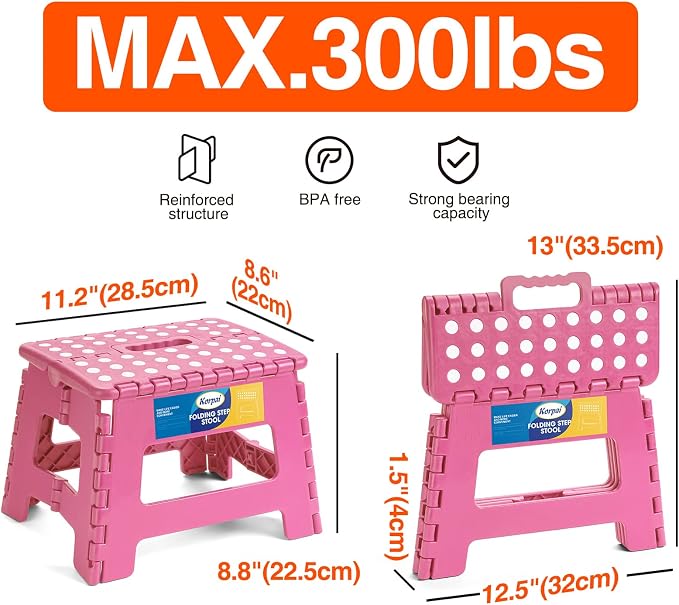 Korpai 9" Folding Step Stool for Adults and Kids Holds Up to 300 lbs,Non-Slip Folding Stools with Portable Handle, Compact Plastic Foldable Step Stool for Bathroom,Bedroom, Kitchen,Pink,1PC