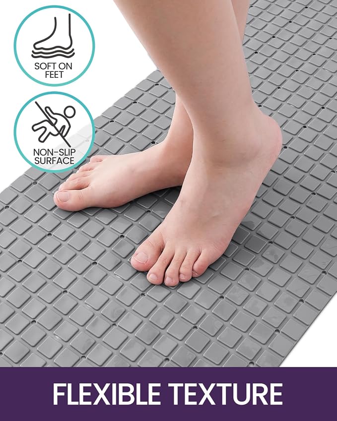 DEXI Bathtub Mat Non Slip, Extra Long 39x16, Suction Cups, Drain Holes, Machine Washable for Tub Shower Floor, Grey