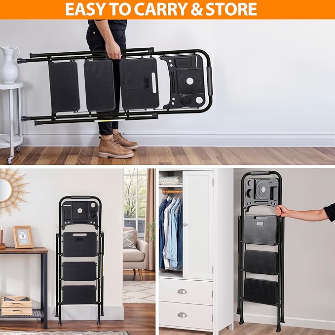 3-Step Ladder with Tool Tray, Folding Step Stool with Wide Anti-Slip Pedal, Heavy Duty Steel 330 lbs Load Capacity for Home, Attic, Office, Garage, Shop, Black