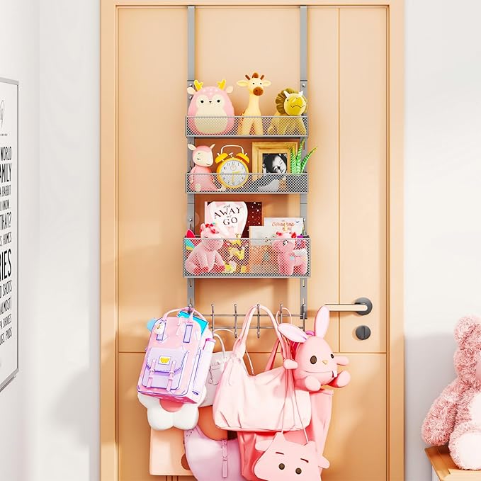 Consumest Over The Door Hooks Organizer - 4 Tier Door Coat Rack with 3 Baskets & 12 Hooks, Stainless Steel Towel Hanger for Bedroom, Bathroom, Living Room, Silver