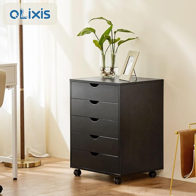 OLIXIS 5 Drawer Mobile File Cabinet Under Desk Storage Organization with Wheels Vertical Filing Chest Rolling Wood Small Desk Printer Stand for Home Office, 15.75"D x 18.74"W x 25.39"H, Black
