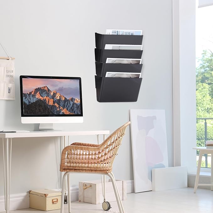 EASEPRES 4 Pack Black Single Pocket Hanging File Organizer, Plastic Wall Mount Paper Mails Magazines Holder, Mounted Folder Bins for Office, School and Home, 12.99x4.13x7.48 inches