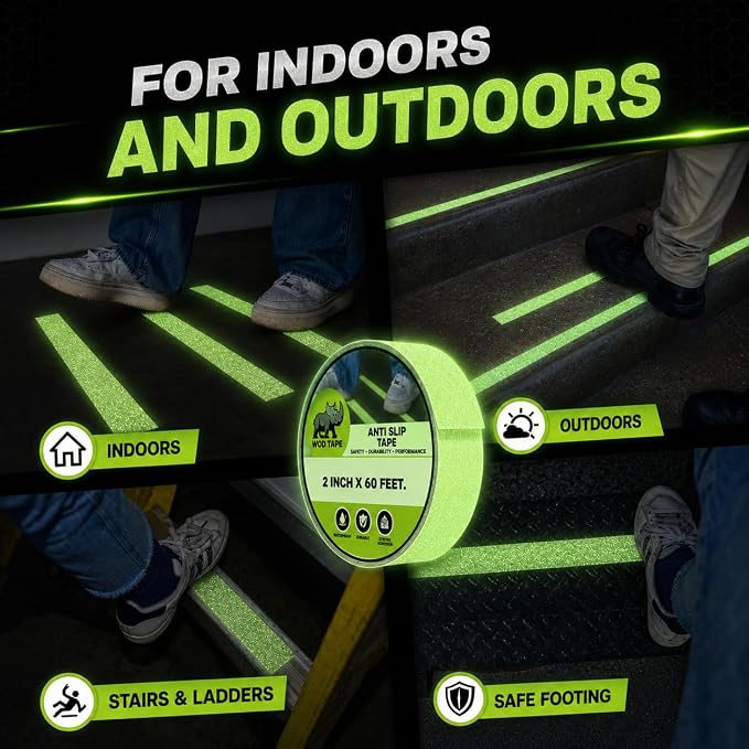 WOD Glow in The Dark Anti Slip Tape – 1 Inch x 30 Ft Roll | Safety Non-Skid Traction Grip for Stairs, Steps & Walkways | Indoor/Outdoor, Weatherproof Adhesive – AST20L
