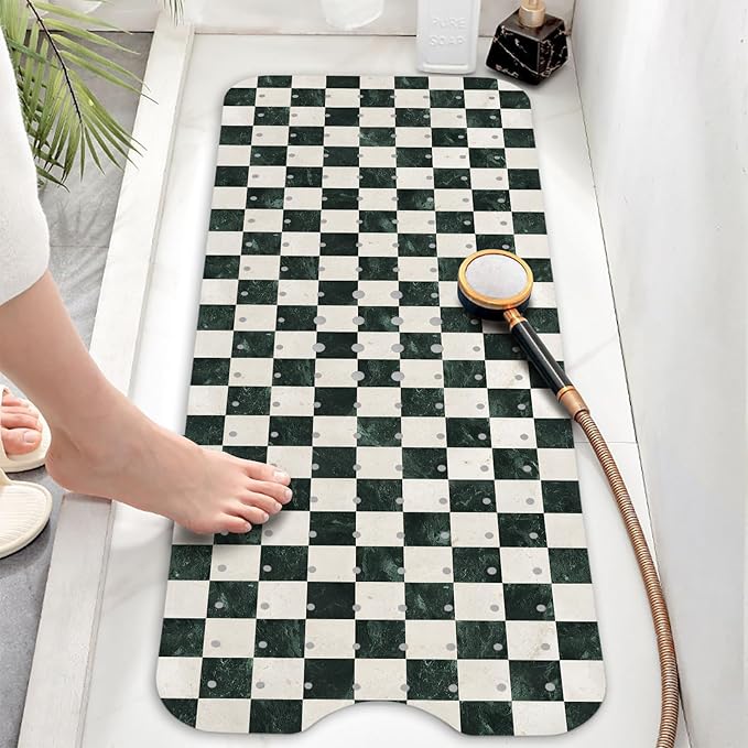Bathtub Mat Non Slip, Checkered Extra Long Bath tub Mat Shower Floor Mat with Suction Cups and Drain Holes for Adults Kids Elderly 40 X 16 Inch