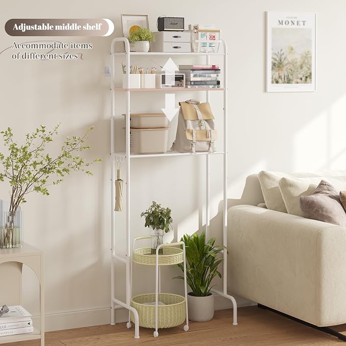 STDDRE 3-Tier Over The Toilet Storage Space Saver with Paper Holder Freestanding Rack Metal Bathroom Shelves with Hooks Above The Toilet Storage Shelf (White, 3 Tier)