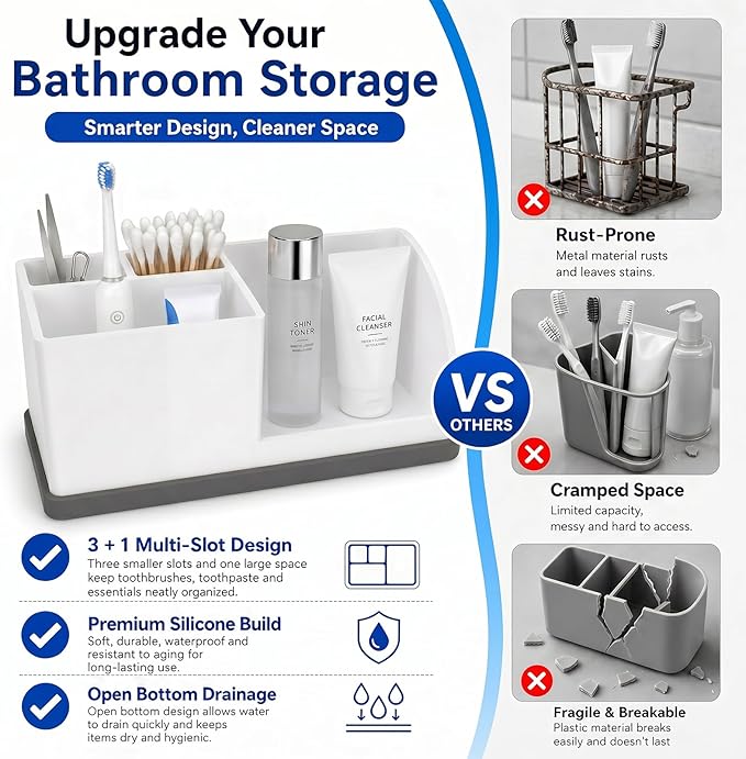 Bathroom Toothbrush Holders, 4 Slots Silicone Counter Organizer Storage with White-Grey, Detachable Anti-Slip Vanity Organizer for Electric Toothbrush, Toothpaste & Phone