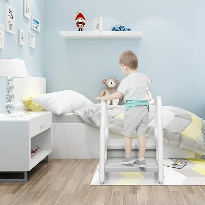 Costzon Kids Step Stool, Toddler Step Ladder for Toilet Potty Training, Kitchen Counter, Bathroom, Two Step Tower w/Non-Slip Design, Safety Handles, 110 Lbs Weight Capacity (Grey)
