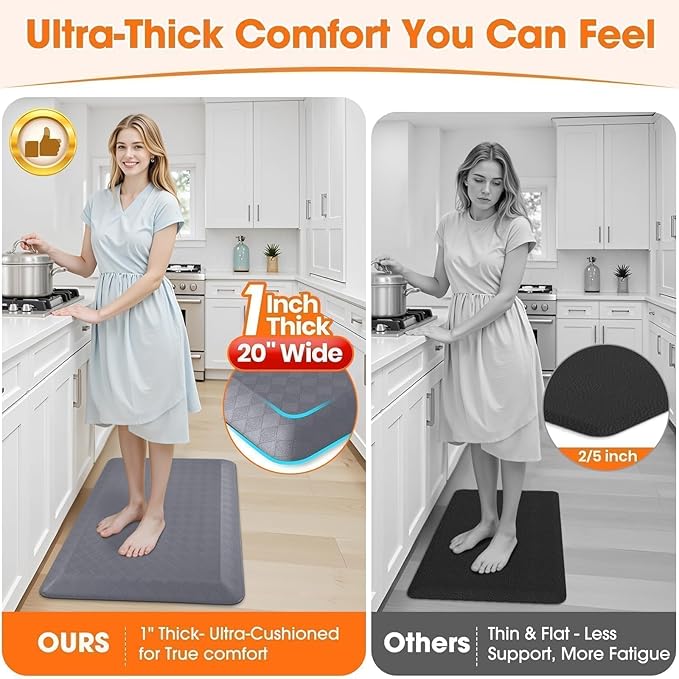 StepRite 1” Thick Kitchen Mats for Floor, Anti Fatigue Kitchen Rugs, Non-Slip,Heavy Duty Water Resistant Kitchen Rug, Standing Desk Mat for Friends, Family, Home, Kitchen, Office (32" x 20", Grey)