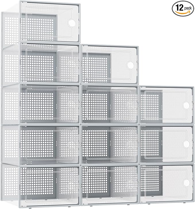 Kuject XX-Large Shoe Storage Boxes Organizers Clear Plastic Stackable 12 Pack, Shoe Rack & Holder Substitute, Sneaker Containers, Shoe Storage Organizer Bins for Closet, Under Bed, Grey(No Fold Line)