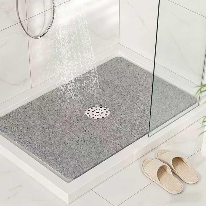 HITSLAM Shower Mat with Center Drain Hole, 24 x 16 Inch Non Slip Bath Mat for Textured Tub, Soft Loofah-Style Bathtub Mat Without Suction Cup, Quick Drying Stall Floor Mat, Bathroom Accessories, Grey