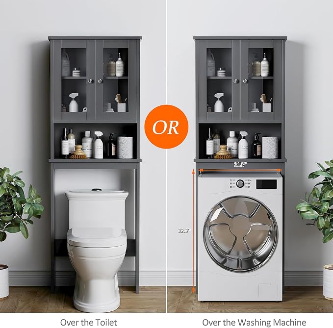 Over the Toilet Storage Cabinet, Bathroom Storage Cabinet Over Toilet, Space Saver with 2 Tempered Glass Doors, Grey