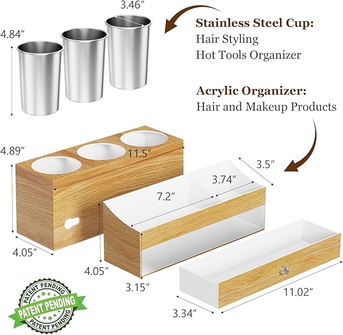 GFWARE Acrylic Hair Dryer Holder with Drawer, Bathroom Organizer Countertop Drawers with 3 Stainless Cups, Makeup Vanity Accessories, Hair Hot Tools Organizer, Toiletry, Wood