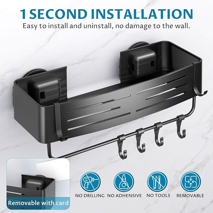 Onemake Shower Caddy Suction Cup,2-Pack Shower Shelf Organizer, Bathroom Suction Shelves with Portable Hooks, Shower Caddies Corner with Towel Bar,Matte Black