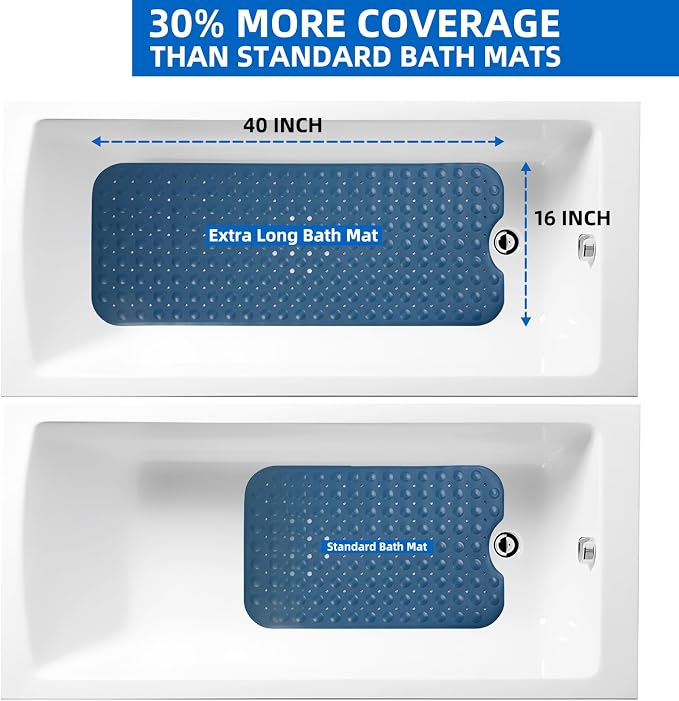 ZHICHENG Bath Tub and Shower Mats, Non-Slip 39 x 16 Inch Extra Long Bath Mat, Machine Washable Bathtub Mat with Drain Holes, Suction Cups for Bathroom (Blue)