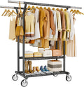 HYSEYY Heavy Duty Clothes Rack, Rolling Clothing Rack With Shelves Load 620 LBS, Double Rod Clothing Racks for Hanging Clothes, Portable& Adjustable Clothes Rack with Wheels,Black