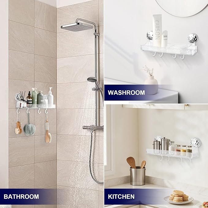 Suction Cup Shower Caddy, Corrugated Suction Cup Storage Holder, No Drilling Bathroom Organizer with 4 Removable Hooks, Shower Shelves for Inside, Clear