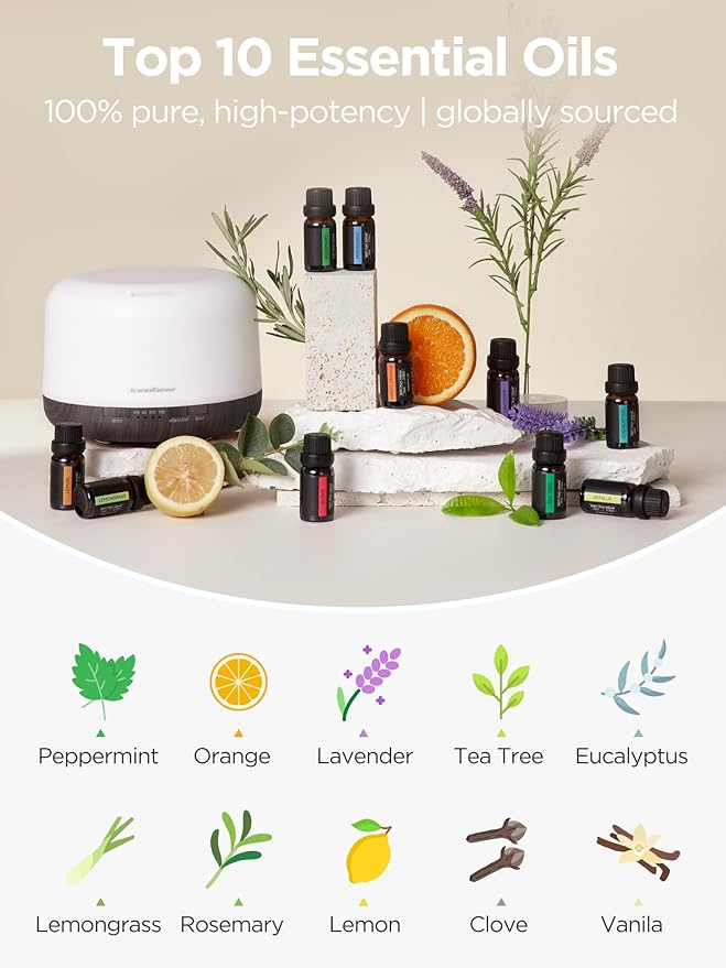 InnoGear Aromatherapy Diffuser & 10 Essential Oils Set, 500ml Essential Oil Diffuser with Remote Control Mother's Gift Ultrasonic Cool Mist Scent Humidifier Vaporizer Auto-Off Timer for Home, Brown
