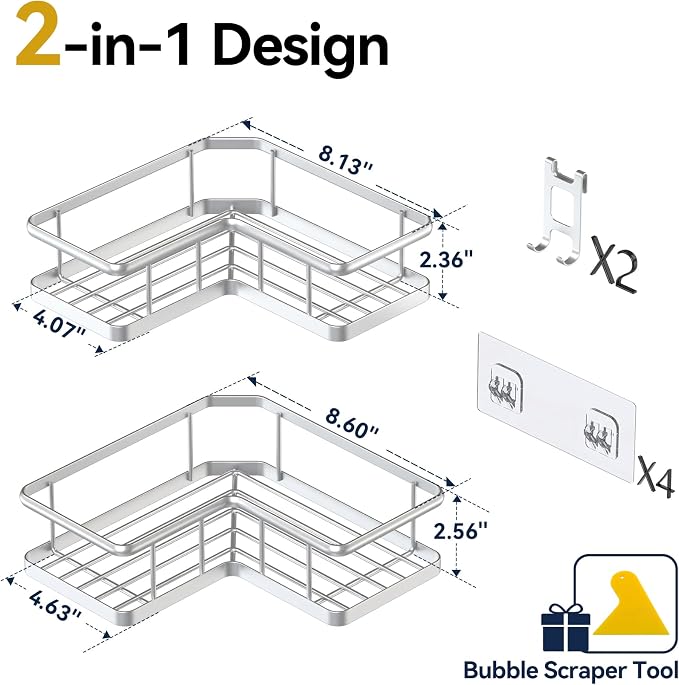 YASONIC Corner Shower Caddy Adhesive, 100% Rustproof Shower Organizer, No Drill Shower Shelf for Inside Shower, Wall-Mounted Shower Storage for Homes (2 Pack, Silver)