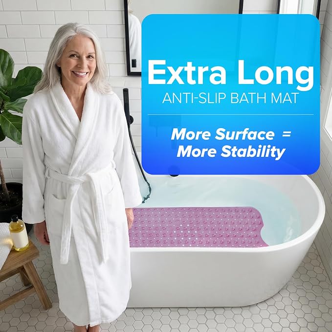 SlipX Solutions Power Grip Extra Long Bath Tub & Shower Mat 39x16, Wet Floor Non-Slip for Elderly & Kids Bathroom, 30% Longer Bathtub Mats, 200 Suction Cups, Drain Holes (1, Translucent Pink)