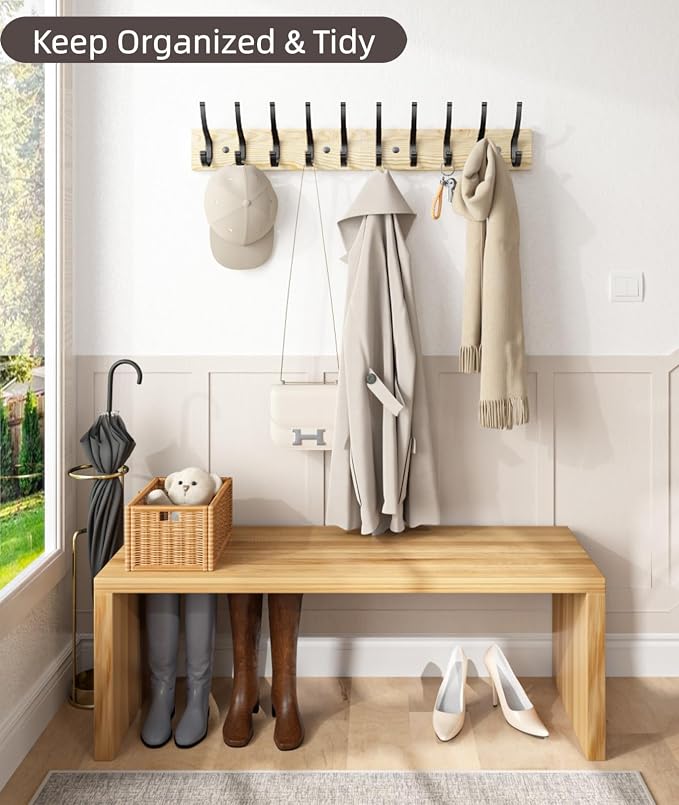 Optish 2 Pack Wooden Coat Rack Wall Mount, 16.1" Rustic Coat Hanger Hooks with 10 Double Hooks, Wall Coat Rack for Hat, Clothes, Bags, Jacket, Natural Wood
