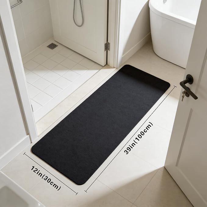 Bath Mat for Narrow Spaces, Super Absorbent Doorway Floor Mat, Non-Slip Threshold Rugs Fit for Under Door, Cuttable Ultra Thin Bath Mat (Black, 1' x 3'3" (Rectangular with Round Corner))