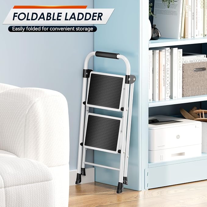 Urackify Step Ladder, 2 Step Ladder with Anti-Slip and Wide Pedal, Portable Foldable Step Stool with Handgrip, Sturdy Step Ladder for Home Kitchen Household, White