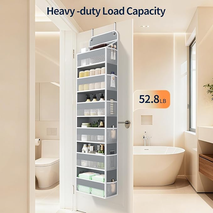 Yecaye Over Door Organizer, 60 lbs Load Capacity, Metal Hanging Storage with 6 Shelves for Toys, Bathroom, Nursery, Dorm Room, Grey,1Pc