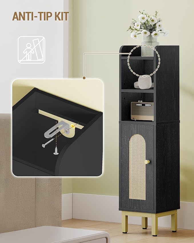 Hzuaneri Bathroom Storage Cabinet, Small Corner Floor Cabinet with Door and Shelves, Narrow Toilet Paper Holder, Bathroom Organizer with Adjustable Shelf, for Small Spaces, Rattan Black BC08204Y