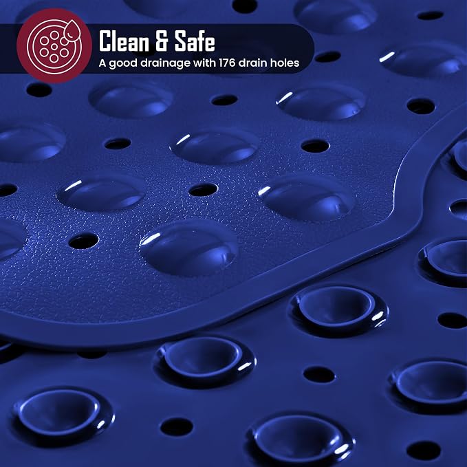 LUX Décor Non-Slip Bathtub Mat, Extra Large 40x16 Inches – Anti-Slip Safety Shower Mat with Suction Cups & Drain Holes – Machine Washable Bath Mat – Navy