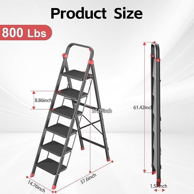 DIAMONDFORGE 6-Step Folding Step Stool Ladder with Handle, Anti-Slip Wide Pedals & Feet, 800lbs Capacity Sturdy Ladder for Home Kitchen Adults, Black Red