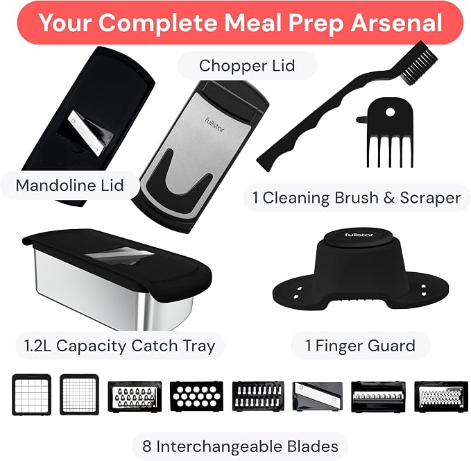 Fullstar Premium Vegetable Chopper and Mandoline Slicer - Food Chopper and Spiralizer with Container, Julienne Slicer, Fruit Slicer, Veggie Cutter, Kitchen Gadgets & Gift for Mom (14 in 1, Steel)