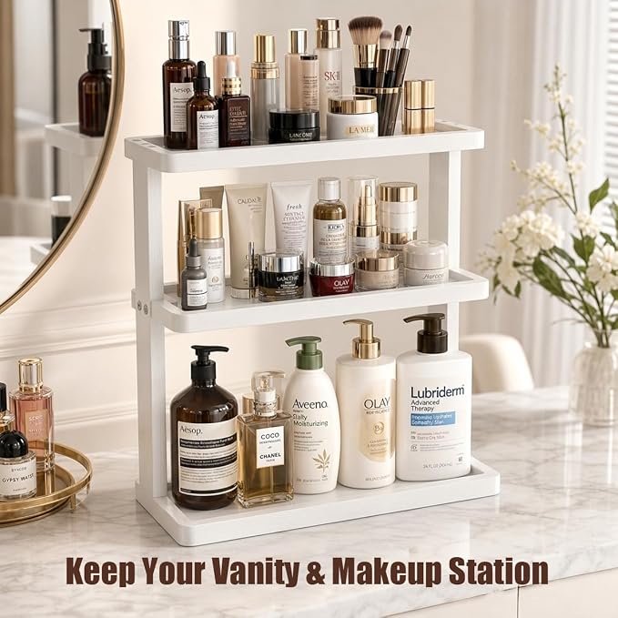 PEKER Bamboo Bathroom Organizer Countertop – Vanity Storage Shelf for Makeup, Perfume, Skincare – Natural Cosmetics Display Rack for Dresser, Sink, Kitchen – White