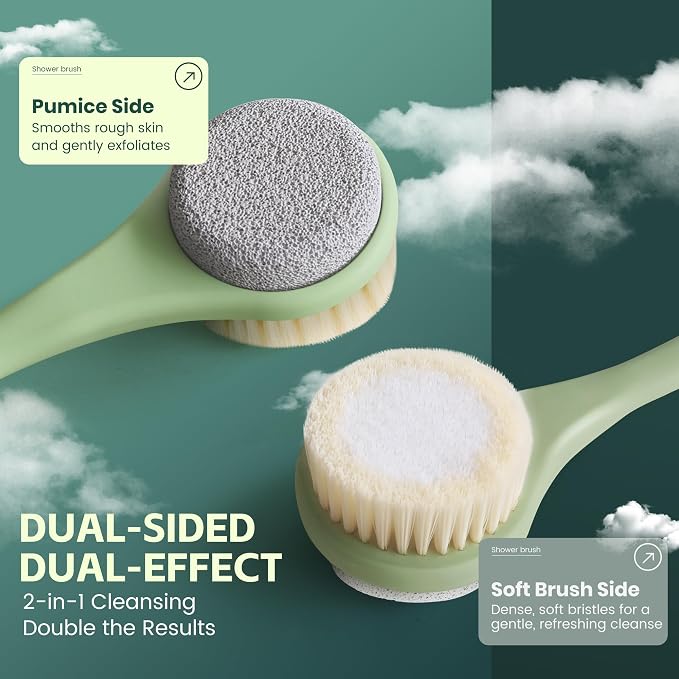 Back Scrubber for Shower, Long Handle Exfoliating Brush, Dual-Sided Bath Brush with Soft Bristles & Volcanic Pumice Stone, Anti-Slip Grip for Men & Women (Green)