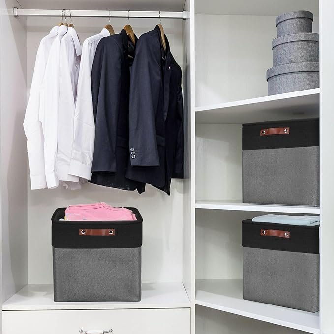 Bagnizer 13x13 Cube Storage Bins, Collapsible Fabric Storage Box, 4 Pack Closet Baskets with Handles for Organizing, Shelf, Toys, Clothes, Home, Office, Nursery (Grey&Black)