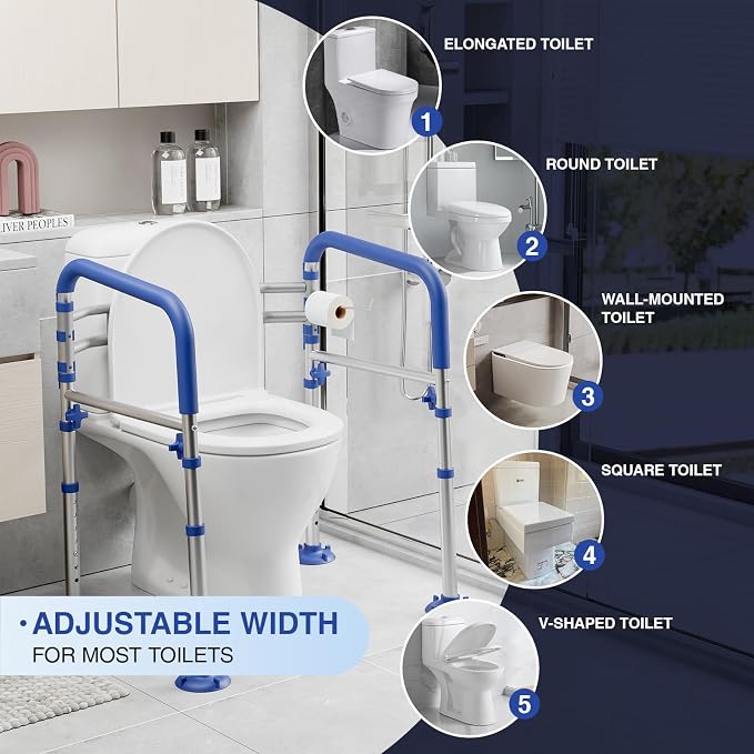 Loyoda Foldable Toilet Safety Rails for Seniors, Height & Width Adjustable | Safety Frame & Toilet Handles for Elderly & Disabled, Fits Most Toilets, 350lb Capacity, Blue