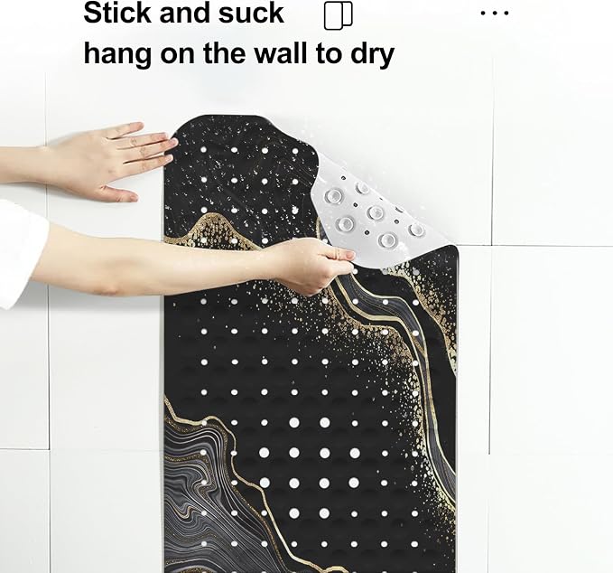 LNOND Marble Bath Tub Mat Non Slip, Extra Long 40 X 16 Inch Anti Slip Mat for Bathtub, Black Gold Marble Shower Mat with Drain Holes and Suction Cups, Machine Washable
