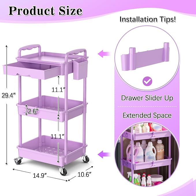 SUNALLY 3 Tier Rolling Cart Organizer with Drawer, Bathroom Storage Carts with Wheels & Plastic Shelf, Mobile Storage Organizers for Kitchen, Office, Laundry Room, Baby, Snack, Craft, Makeup, Purple
