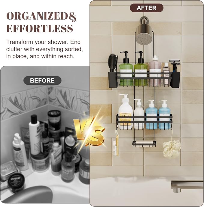 Shower Caddy Hanging for Bathroom Organizers and Storage,3 Tier Adjustable Anti-Swing Shower Organizer Hanging with Heavy-Duty Suction Cups, Damage-Free Rustproof (Black)