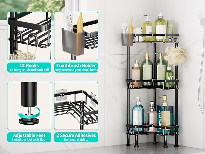HapiRm Standing Shower Caddy Corner - 3 Tier Corner Shower Organizer with Toothbrush Holder and 12 Hooks, Large Capacity Rustproof Bathroom Shelves for Tall Bottles, Black