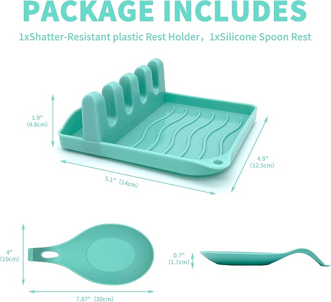 2 Pack Multiple Utensil Spoon Rest with Drip Pad Non-Slip Heat Resistant Kitchen and Grill Spoon Holder for Spatula, Ladle, Tongs, Kitchen Gadgets, and Cooking Accessories (Lake Green)