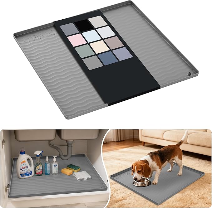 URMONA Waterproof Silicone Under Sink Mat 22'' x 22'' Shelf Liner for Kitchen and Bathroom, Cabinet and Counter Protector, Storage and Organizers, Litter Mat, Pet Cat Puppy Essentials(Beige)