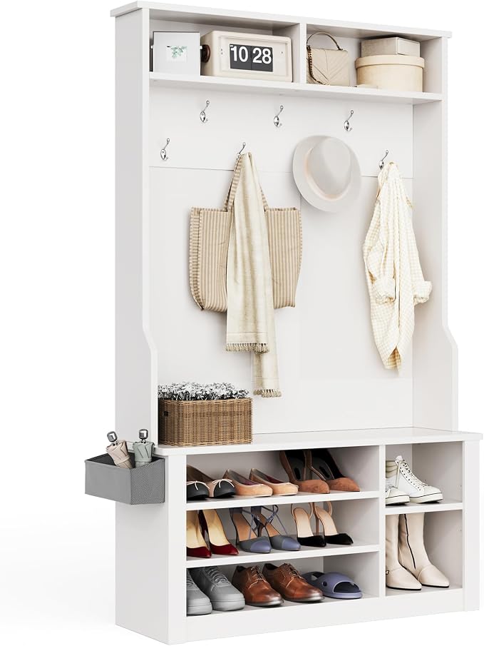 Aiho Hall Tree with Bench and Shoe Storage, 3-in-1 Entryway Hall Tree, with Adjustable Shoe Storage, for Entryway, Hallway, White