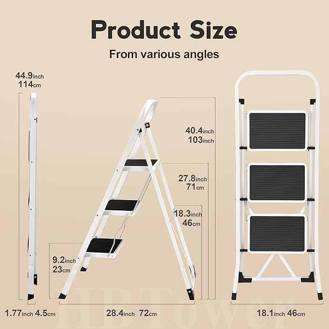 HBTower Step Ladder 3 Step Folding Ladder, Lightweight Portable Stepladder with Anti-Slip Pedal, Ladders with Convenient Handrails,330 lbs Capacity Step Stool for Kitchen, Home,White