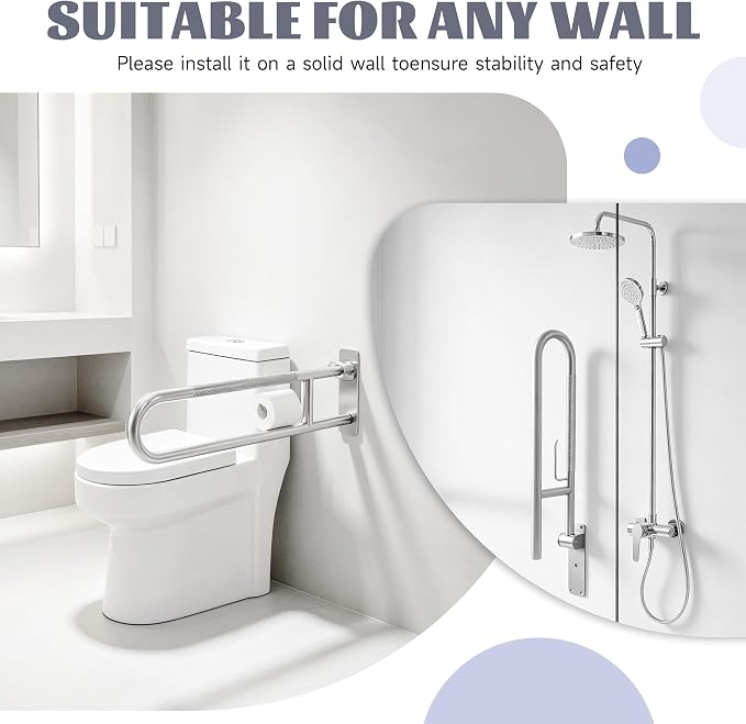 30.3 Inch Toilet Grab Bar, HUAS Brushed Nickel Anti Slip Bathroom Toilet Safety Rails, U Shaped Flip-Up Handicap Grab Bars w/Paper Holder, Stainless Steel Support Handrail for Elderly Disabled Senior