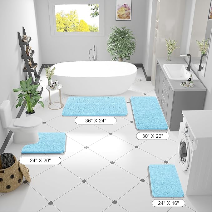 OLANLY Bathroom Runner Rugs 44x24, Soft Absorbent Chenille Bath Rugs, Rubber Backing Quick Dry, Machine Washable Long Bath Mats for Bathroom Floor, Tub and Shower, Home Decor Accessories, Sky Blue