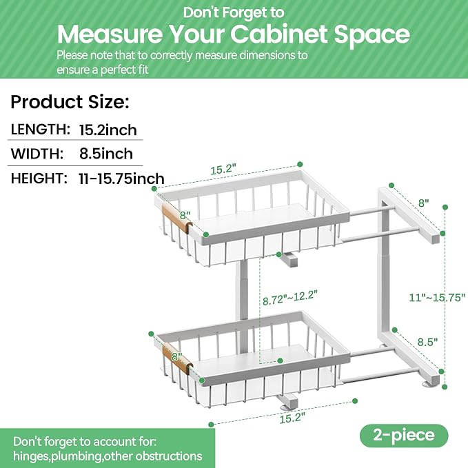 Under Sink Organizer, 2 Pack 2 Tier Expandable Height Under-Sink Bathroom Kitchen Organizers And Storage