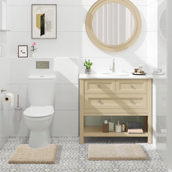 Yimobra Toilet Rugs U Shaped 24X20, Ultra Soft and Water Absorbent Bath Mats, Non Slip Fluffy Luxury Microfiber Contour Bath Rugs for Toilet, Dry Quick, Machine Washable, Light Beige and White