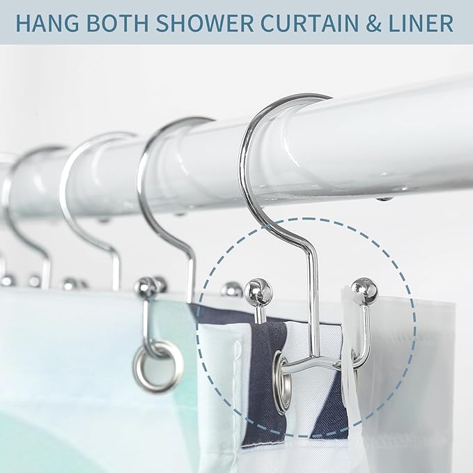Goowin Shower Curtain Hooks, 12 Pcs Shower Curtain Rings, Durable Rust Proof Silver Shower Curtain Hooks, Shower Rings for Curtain, Double Glide Shower Hooks for Shower Curtain Rods, Chrome